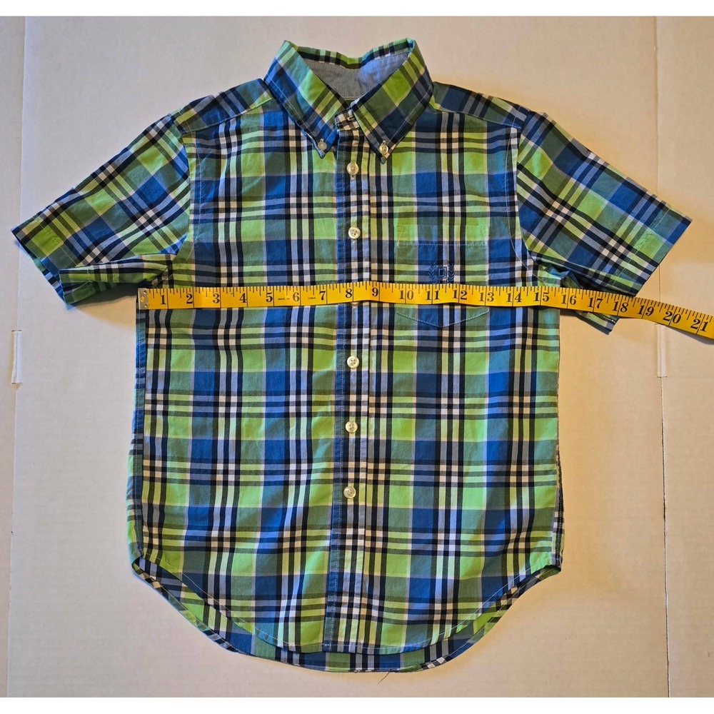 Chaps Boys Green Blue Plaid Short Sleeve Button Down Shirt Size S 8 Easy Care